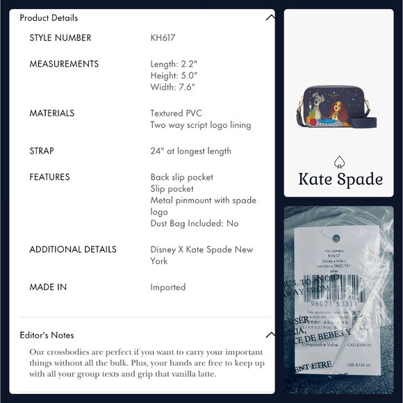 NWT Kate Spade Crossbody Camera Bag New York Lady And The Tramp Disney KH617 - Picture 11 of 12